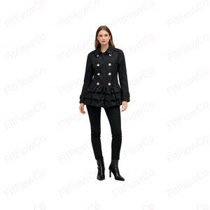 Express Black Trench Coat XS Double Breasted Ruffle Hem Jacket Preowned